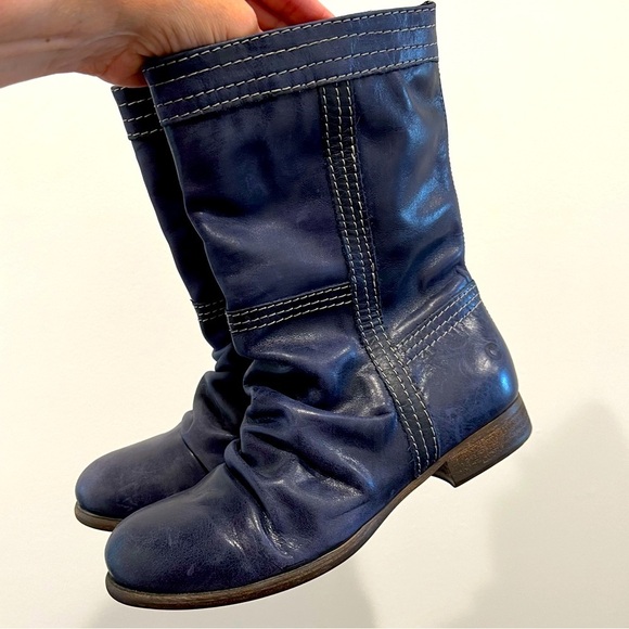 NWT Cinderella Dark Blue Genuine Leather Scrunch Mid Calf Boots Size 6.5 - Picture 1 of 13